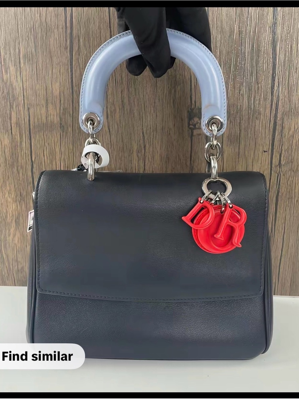 Dior Black Leather Satchel with Light Blue Handle and Red Charm